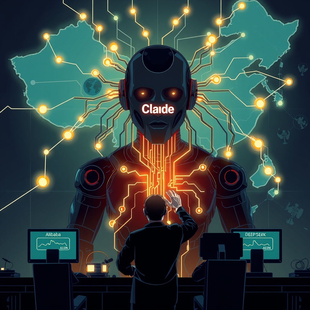 Create an original premium technology-news editorial illustration showing a dominant anthropomorphic AI figure labeled “Claude” surrounded by a web of glowing data streams; a group of shadowy technicians in front of computer terminals labeled “Alibaba”, “Moonshot AI” and “DeepSeek” each manipulating a siphoning device that pulls luminous chains of thought from Claude’s head; the background displays a stylized map of China with faint military icons, indicating the alleged involvement of the Chinese military; the scene conveys extraction and transfer of AI reasoning without overt logos, using a sleek, high‑contrast tech‑publication aesthetic; cinematic composition.