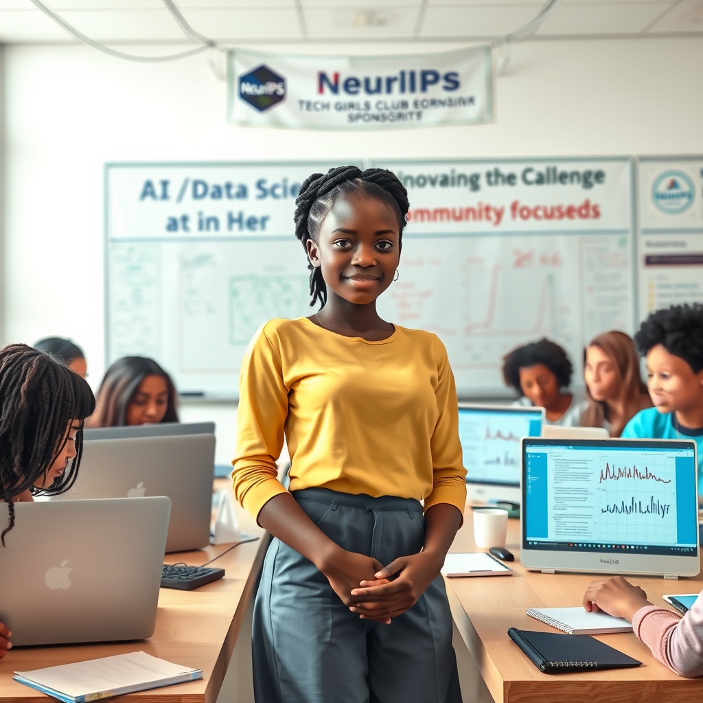 Create an original premium technology-news editorial illustration featuring a confident Nigerian teenage girl standing prominently in a modern classroom setting, surrounded by laptops displaying Python code and data visualisation charts; behind her, a diverse group of girls collaborates over a table with notebooks, a whiteboard showing AI concepts like neural networks, and a banner that reads “AI/Data Science for Her”; the scene captures the moment of an innovation challenge where the participants present a community‑focused AI solution, with subtle branding of the Tech Girls Club logo on a banner and the NeurIPS emblem on a sponsorship poster; visual style should be clean, professional, and magazine‑ready with realistic lighting and a balanced composition that places the central girl and her team in the foreground while the classroom environment provides context; cinematic composition.
