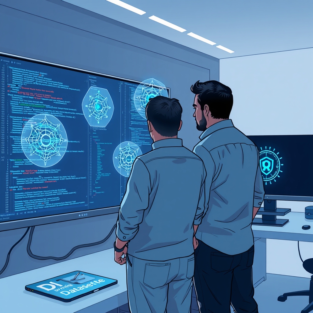 Create an original premium technology-news editorial illustration featuring Simon Willison and Alex Garcia standing side‑by‑side in a modern development workspace, each looking at a large monitor displaying lines of code and highlighted test failures; beside them a holographic representation of Claude Fable 5.1, GPT‑5.6, and GPT‑6 Astra models appears as floating neural‑network diagrams; a stylized Datasette logo glows on the monitor to indicate the software being secured; the scene conveys collaborative human‑AI debugging of security bugs in a web‑exposed data platform; use a clean, professional technology‑publication aesthetic with subtle blue‑gray tones; prioritize the two developers as the dominant visual elements, with the AI model icons secondary; avoid generic AI symbols, excessive text, or unrelated branding; cinematic composition.