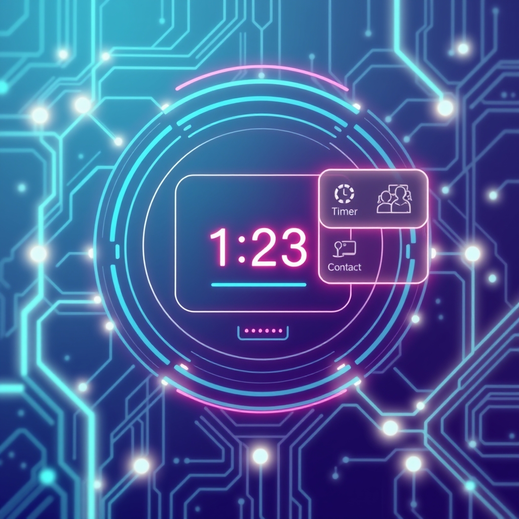 A sleek vector flat illustration of a futuristic AI code‑translator interface, abstract circuitry glowing in pastel blues and greens, floating UI elements suggesting a timer and contact manager, clean modern tech aesthetic, no text, no logos, cinematic composition.