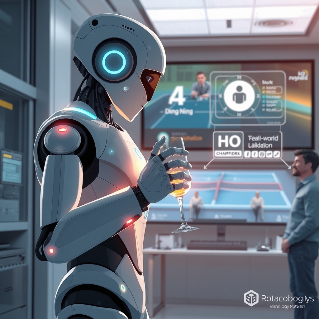 Create an original premium technology-news editorial illustration featuring a sleek, human‑scale robot (the KAIBot) standing beside its creators in a high‑tech lab; the robot is shown mid‑action, gently holding a delicate glass while sensors glow, and a data stream visualizes flowing from the robot’s hand to a floating AI model diagram; in the background, a large screen displays a table‑tennis match against world champion Ding Ning, emphasizing real‑world validation; the dominant visual is the robot and its precise movement, with secondary elements of engineers and funding logos subtly placed; style is clean, realistic, and suited to a technology publication; cinematic composition.