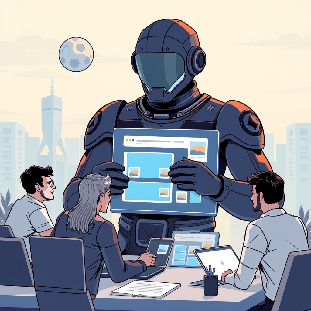 Create an original premium technology-news editorial illustration featuring a dominant figure representing OpenAI’s ChatGPT interface as a sleek digital workspace. The scene shows a diverse group of users—developers, designers, and non‑technical creators—collaboratively dragging and dropping visual blocks onto a web‑page canvas that instantly generates a live URL. In the background,