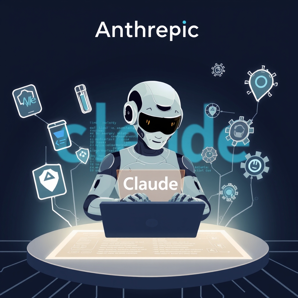 Create an original premium technology-news editorial illustration featuring a stylized AI coding entity labeled “Claude” at the center, surrounded by floating icons representing lint rules, test tubes, security shields, and refactoring gears, all emanating from a sleek Anthropic logo in the background; the scene shows Claude typing code on a holographic screen while automated bots scan and flag lines, conveying Anthropic’s comprehensive guardrails; use a clean, modern editorial style with muted tech colors, balanced composition that highlights Claude as the dominant figure and the safeguard icons as secondary elements; avoid generic AI symbols like glowing brains or abstract data streams. cinematic composition
