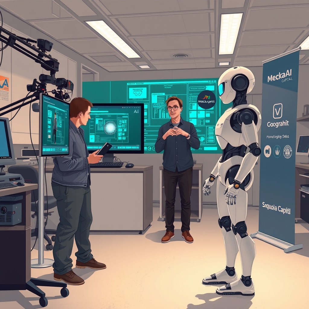 Create an original premium technology-news editorial illustration featuring Mecka AI’s co‑founders prominently operating body‑sensor rigs on volunteers performing daily tasks, while a sleek humanoid robot watches the data stream on a holographic display; the scene conveys a bustling data‑capture studio with motion‑capture equipment, a Sequoia Capital emblem subtly placed on a nearby banner, and a subtle background of robotics lab equipment, rendered in a clean, modern editorial style with realistic lighting and a focus on the human‑robot interaction, cinematic composition.