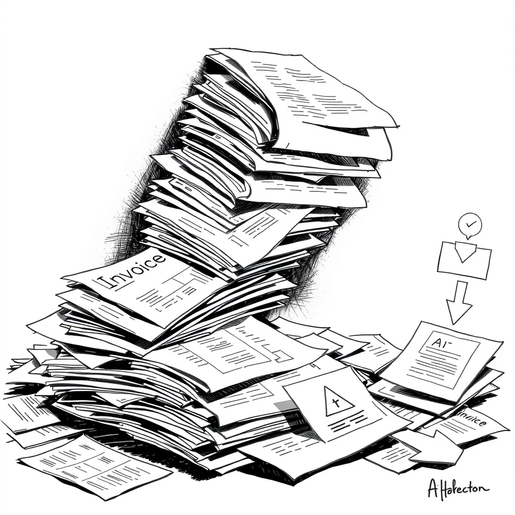 An editorial ink sketch of a chaotic stack of paper invoices and spreadsheets morphing into clean, glowing AI workflow diagrams, with arrows linking each step, rendered in high‑contrast black and white. No text, no logos, cinematic composition.