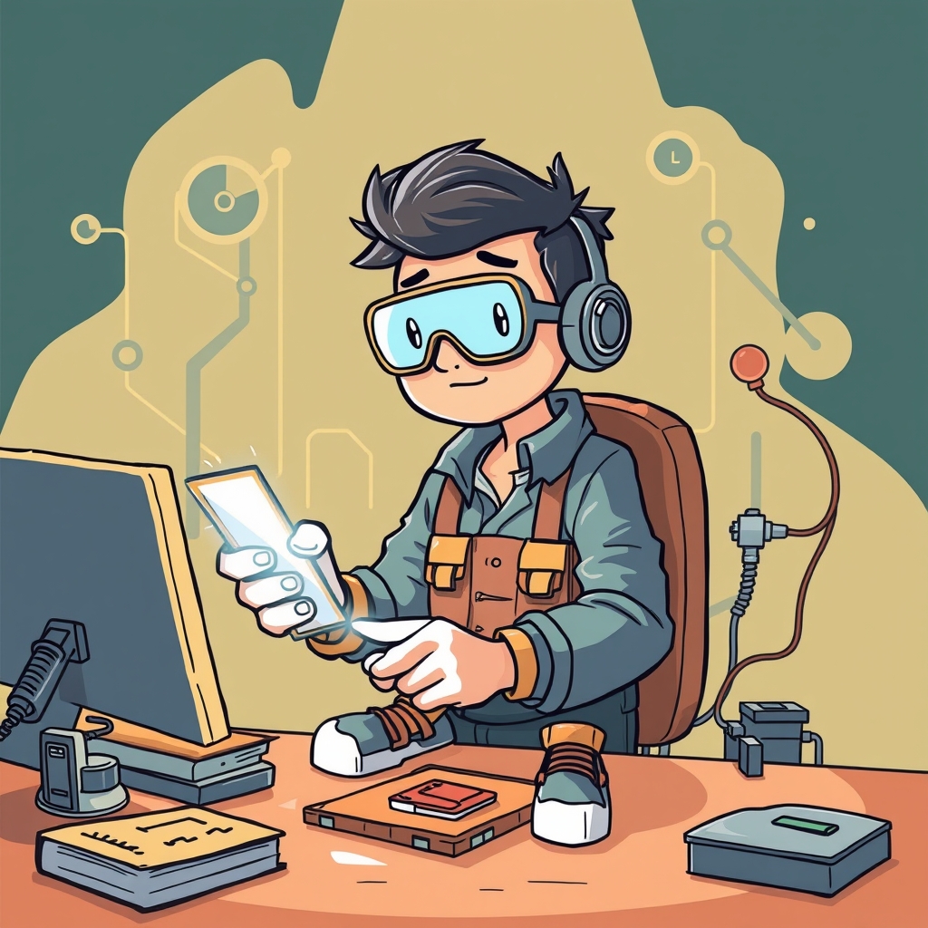 Create an original premium technology-news editorial illustration featuring Nilky, a hobbyist engineer,