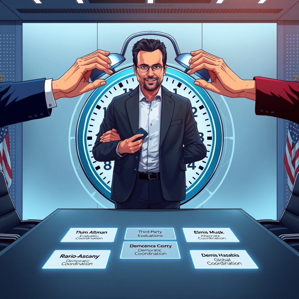 Create an original premium technology-news editorial illustration featuring Dario Amodei standing beside a large digital clock whose hands are being gently held back by hands representing Sam Altman, Elon Musk, and Demis Hassabis; the clock symbolizes AI development speed. In the background, a sleek conference table displays holographic documents labeled “Third‑Party Evaluators,” “Democratic Coordination,” and “Global Coordination,” indicating the three‑stage plan. The setting is a modern high‑tech briefing room with subtle American flag motifs to hint at U.S. government mediation, while a faint globe outline behind the participants suggests international involvement. The visual style should be clean, realistic, and suited to a technology‑focused editorial, with a balanced composition that keeps Amodei as the dominant figure and the other CEOs secondary. Include restrained product labeling only where it clarifies the plan stages. cinematic composition.