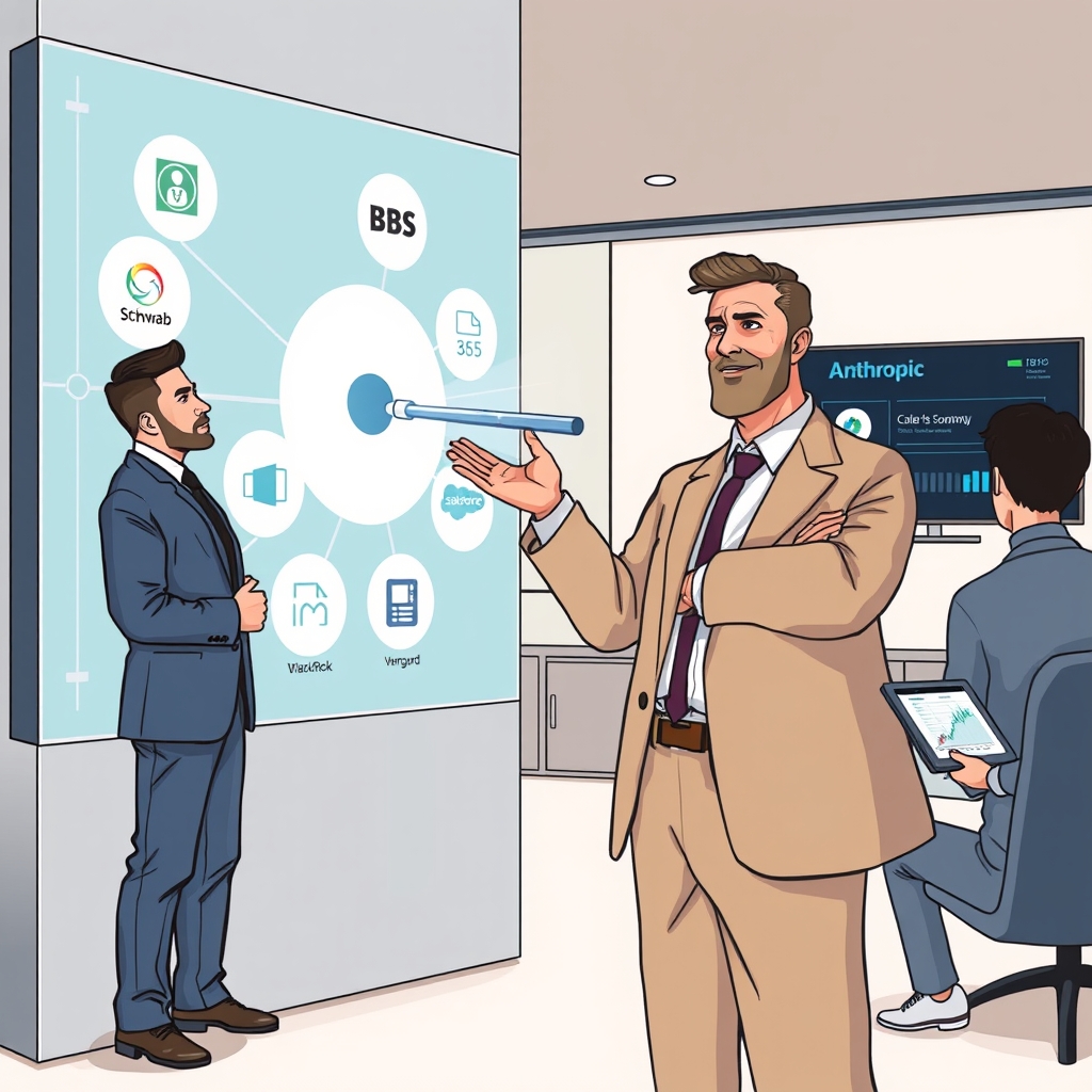 Create an original premium technology-news editorial illustration featuring a confident financial advisor standing beside a large, sleek digital interface displaying interconnected icons of major custodians and tech platforms (Charles Schwab, BlackRock, Vanguard, Microsoft 365, Salesforce). The advisor is gesturing toward a holographic conductor’s baton that links the icons, symbolizing Claude orchestrating the tools. In the background, a modern office with subtle branding of Anthropic’s Claude logo appears on a wall screen, while a colleague watches a real‑time AI‑generated summary of a client portfolio on a tablet. The scene conveys seamless integration and workflow harmony without overt product logos, using a clean, professional illustration style with muted corporate colors and a cinematic composition.