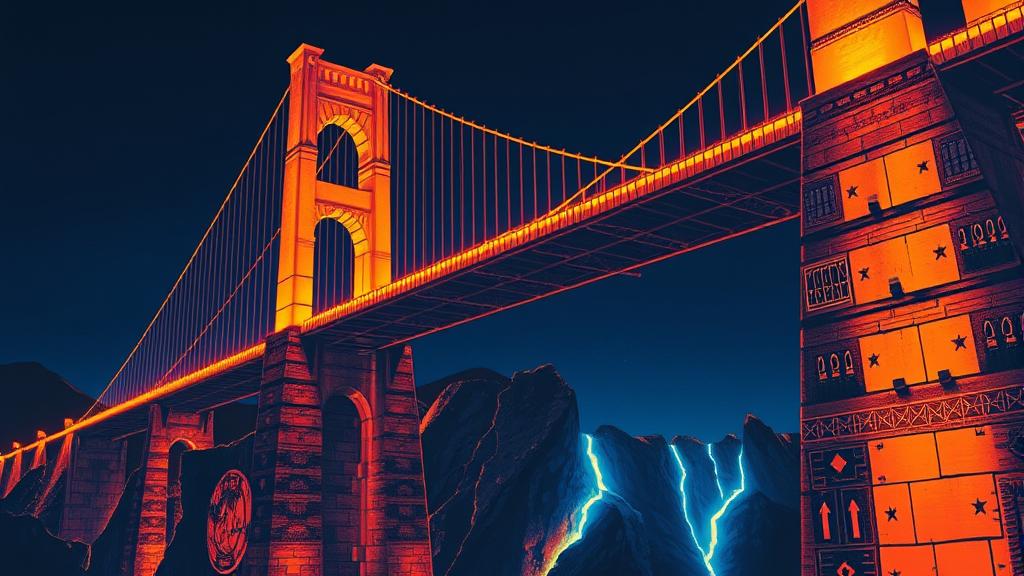 Bold risograph print: A massive suspension bridge built from glowing, unstable orange blocks that are rapidly assembling. Below, the stone pillars of the bridge, decorated with stylized West African geometric patterns, are cracking under the weight, with glowing blue data leaking from the fissures. High contrast deep indigo and burning orange color palette. Dramatic night lighting, tense and analytical mood. No text, no logos, cinematic composition.
