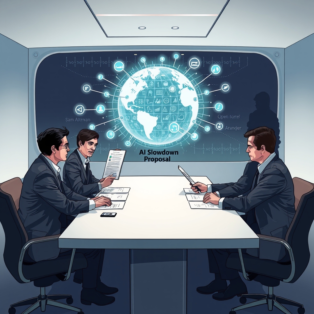 Create an original premium technology-news editorial illustration featuring Sam Altman, Dario Amodei, Demis Hassabis, and Elon Musk seated around a sleek conference table, each holding a document titled “AI Slowdown Proposal”; in the background a large digital globe displays interconnected AI lab icons, while a shadowy figure representing open‑source developers watches from the side; the scene conveys a high‑stakes negotiation over safety versus competition, with subtle branding only for the four individuals' companies where recognizable, rendered in a clean, modern editorial style with realistic lighting and depth, cinematic composition.