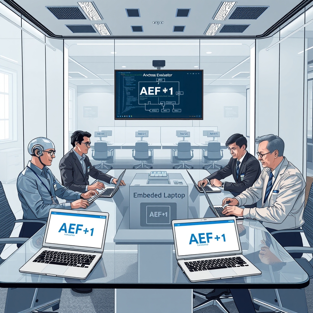 Create an original premium technology-news editorial illustration showing a modern corporate office conference room where representatives of Xai, OpenAI, Anthropic, and members of the AI Evaluator Forum sit around a sleek glass table. The scene features visible access badges on lapels, open laptops displaying code snippets, and a wall-mounted screen projecting the AEF‑1 framework diagram. In the background, a transparent office space reveals desks labeled “Embedded Evaluator” with subtle signage indicating “Access Badge” and “Company Laptop.” The atmosphere conveys collaborative scrutiny, with participants exchanging documents that bear the AEF‑1 logo, emphasizing the joint commitment to safety standards. Use a clean, professional editorial style with realistic lighting and muted corporate colors, ensuring the primary subjects dominate the composition while secondary elements like the office décor remain subtle. cinematic composition.