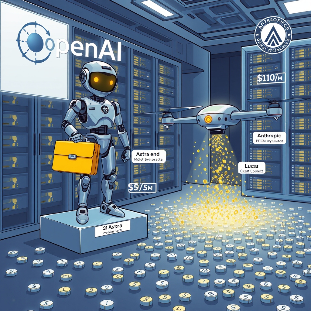 Create an original premium technology-news editorial illustration featuring a dominant OpenAI logo beside two distinct AI model avatars—one sleek, high‑end robot labeled “Astra” holding a gold‑colored briefcase of premium data, the other a streamlined, cost‑focused drone labeled “Luna” scattering a flood of tiny data packets. The scene is set inside a modern data‑center control room with glowing server racks in the background. Astra stands on a raised platform receiving a stream of high‑value contracts, while Luna operates at floor level, processing a massive wave of token symbols. Include subtle visual cues of pricing contrast: a price tag beside Astra showing $10/​M input, $50/​M output, and a tag beside Luna showing $0.20/​M input, $1.20/​M output. Anthropic’s emblem appears in the distance, slightly smaller, to convey competition. Render in a crisp, professional editorial style with muted blues and metallic accents, focusing on clear hierarchy and narrative clarity, cinematic composition.