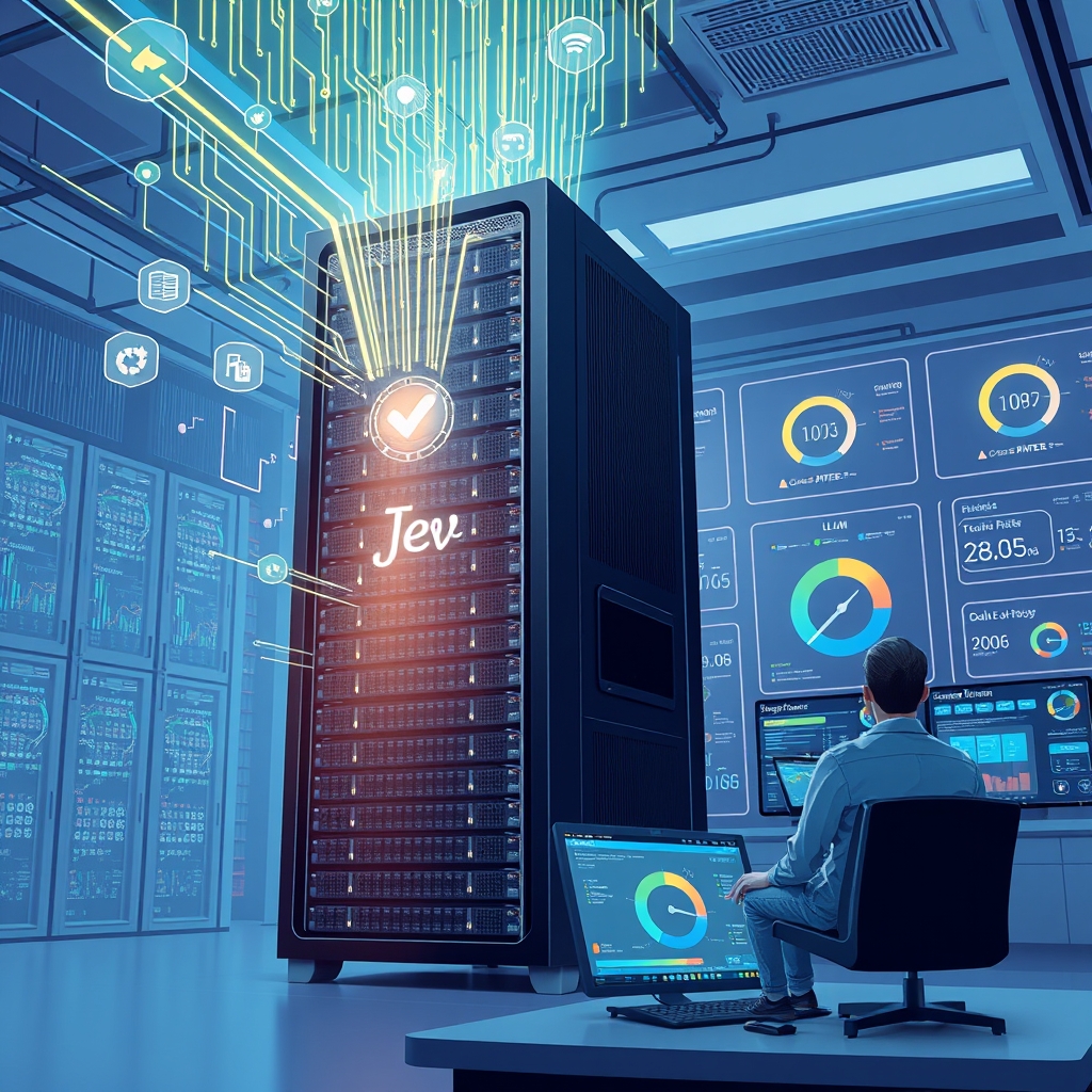 Create an original premium technology-news editorial illustration featuring a dominant, sleek AI server rack labeled “Jev” emitting fast‑moving data streams toward a series of decision icons (checkmark, route arrow, score gauge) while a smaller, traditional LLM server sits in the background with a slower, dimmer glow; the scene is set in a modern data‑center control room with engineers observing dashboards that highlight “100× faster” and “200× cheaper” metrics; the visual style is clean, high‑contrast, and magazine‑ready, focusing on concrete hardware and UI elements rather than abstract AI symbols; cinematic composition.