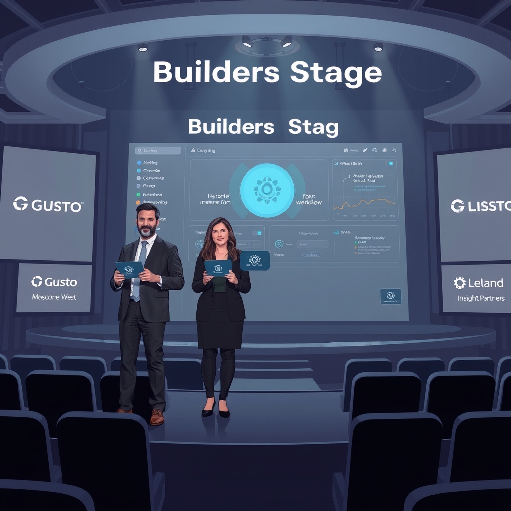 Create an original premium technology-news editorial illustration featuring Josh Reeves, Michelle Johnson, and John Koelliker standing together on a modern conference stage labeled “Builders Stage,” each holding a holographic tablet that displays a stylized AI agent icon; behind them a sleek digital dashboard shows a split view of a human‑run workflow and an autonomous AI workflow, symbolizing the partnership; the setting is Moscone West’s futuristic auditorium with subtle branding for Gusto, Insight Partners, and Leland on the side screens; the composition emphasizes the three speakers in the foreground while the AI‑human collaboration visuals occupy the midground, rendered in a clean, high‑contrast editorial style with muted corporate colors and minimal text, cinematic composition.