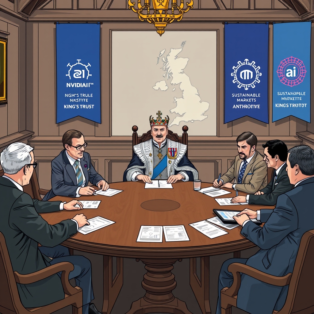 Create an original premium technology-news editorial illustration featuring King Charles seated at a round table with senior executives from Nvidia, OpenAI and Anthropic, alongside a Google DeepMind representative and UK AI minister Kanishka Narayan; the setting is a historic Scottish hall with banners displaying the King’s Trust and Sustainable Markets Initiative logos; participants are engaged in earnest discussion, papers and digital tablets displaying AI model schematics spread on the table; the background shows a subtle map of the United Kingdom highlighting AI research hubs; the visual style is clean, realistic, and suited to a high‑end technology publication, with a balanced composition that places the monarch and the tech leaders as primary subjects and the institutional symbols as secondary; avoid generic AI icons, excessive text, or overt branding unrelated to the story; cinematic composition.