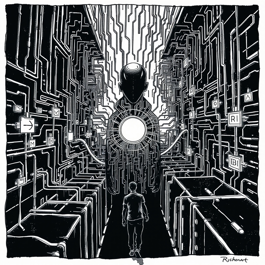 editorial ink sketch of a dark, tangled digital maze with glowing algorithmic symbols and a looming, faceless AI entity at its center, contrasted against a fragile human silhouette trying to navigate the maze, using stark line work and heavy shading. No text, no logos, cinematic composition.