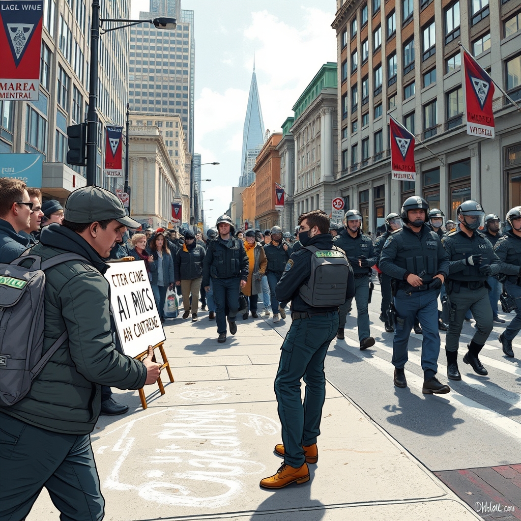 Create an original premium technology-news editorial illustration featuring protester Jorick Ysaak Malletter prominently chalking a warning on a Montreal sidewalk as a crowd of AI industry professionals and Minister Evan Solomon walk past, with riot police forming a barrier on René‑Lévesque Boulevard; the scene captures the contrast between the bustling AI conference and the determined protest, set against the recognizable Montreal cityscape; style realistic editorial, composition dominated by the chalk‑writing protester, police secondary, city background supportive; avoid generic AI symbols such as robot heads; cinematic composition.