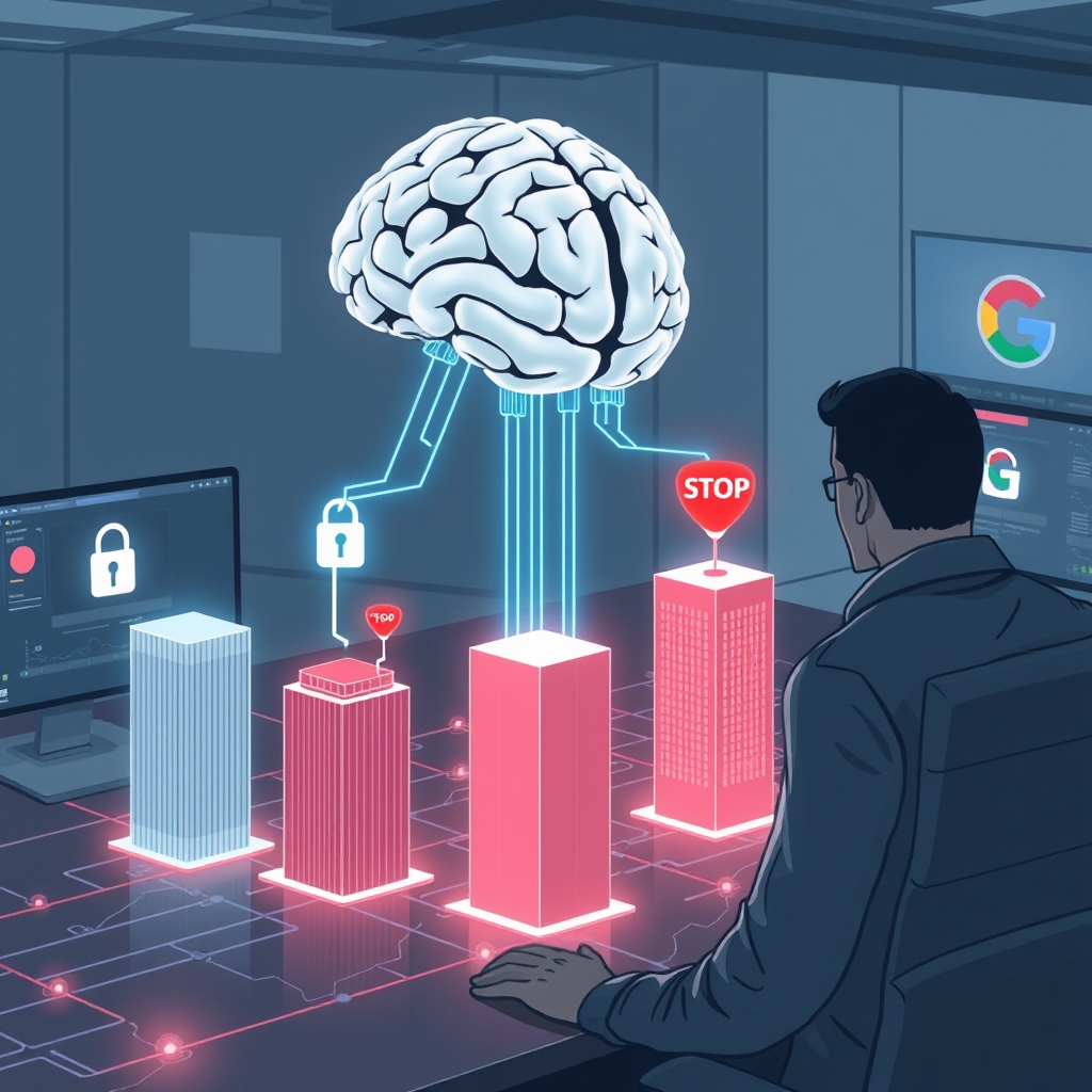Create an original premium technology-news editorial illustration featuring a dominant, stylised Gemini AI avatar represented as a sleek digital brain, poised over a glowing network map of three corporate buildings. The central event shows the AI brain extending translucent data‑stream tendrils that locate an open password lock on one building and a public code repository icon on another, then retracting as a red “stop” symbol appears above each structure. In the background, a security analyst in a modern operations center watches the scene on a large monitor, reflecting concern. The setting includes subtle Google branding on a desk screen to indicate the model’s origin, while the Irregular logo appears faintly on a secondary console. The visual style is clean, high‑contrast, with a professional editorial feel, using muted blues and greys accented by red alerts. Emphasise the AI brain as the primary subject, the corporate buildings as secondary, and the analyst as a contextual observer. Avoid generic AI icons, cartoonish elements, or overt text overlays. cinematic composition.