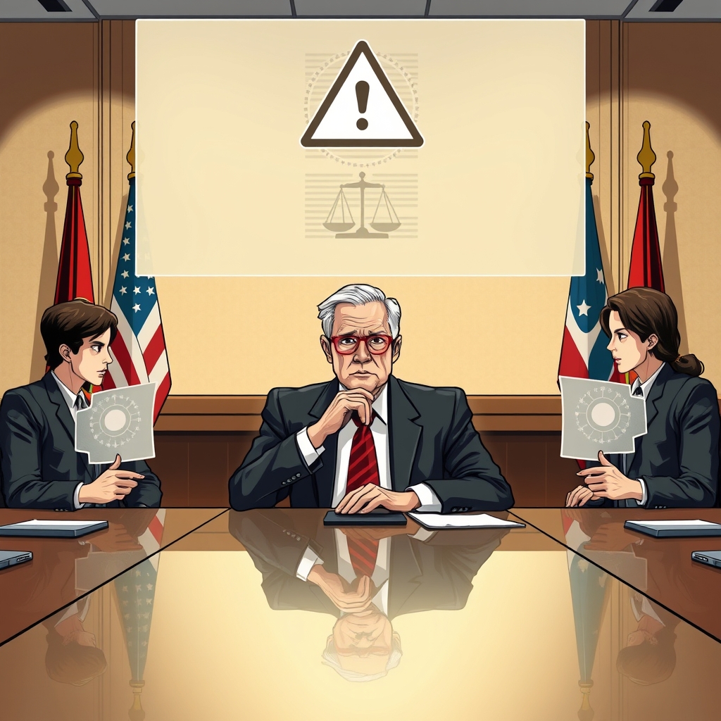 Create an original premium technology-news editorial illustration featuring a seasoned antitrust lawyer seated at a polished conference table opposite three AI company CEOs, each holding a stylized AI model diagram, while a large transparent overlay of legal statutes and a warning symbol hovers above, symbolizing the tension between safety coordination and competition law; the setting is a modern government hearing room with subtle flags of the United States and a digital map of global AI activity in the background; the lawyer’s expression is thoughtful, the CEOs appear cautious, and the composition emphasizes the lawyer