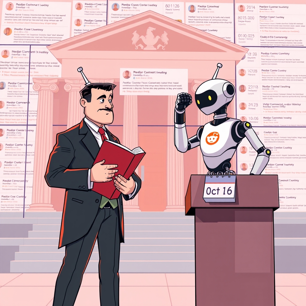 Create an original premium technology-news editorial illustration featuring a dominant figure representing Reddit’s legal team, depicted as a determined attorney holding a thick legal brief, standing before a stylized courthouse façade. The scene shows the attorney confronting a sleek, futuristic robot labeled “Claude” with a subtle Anthropic logo, symbolizing the AI company. In the background, a massive digital wall displays scrolling Reddit comment threads being intercepted by robotic arms, illustrating the alleged scraping. A calendar on a nearby podium highlights the date “Oct 16” to indicate the refile deadline. The composition emphasizes the legal confrontation while subtly referencing the 100,000 scrape incidents through faint numerical overlays on the wall. Use a clean, authoritative editorial style with muted corporate colors, ensuring the Reddit and Anthropic identities are recognizable but not overly branded. cinematic composition.