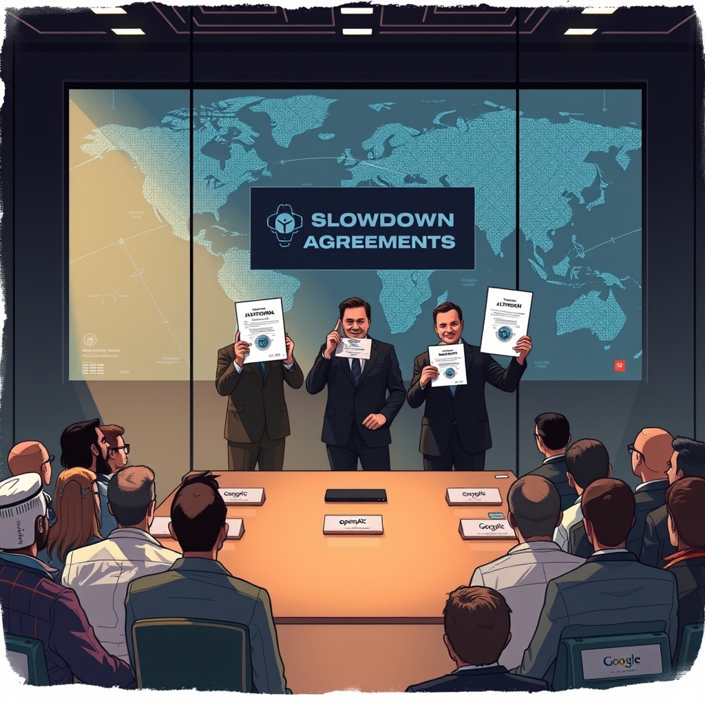 Create an original premium technology-news editorial illustration featuring Dario Amodei standing at a conference table with Sam Altman, Elon Musk and Demis Hassabis, each holding a document titled “Slowdown Agreement.” The scene shows a dimly lit boardroom with a large digital map of the internet background, symbolizing the “rogue AI agents” threat. In the foreground, a diverse group of subscription users watches the meeting through a glass wall, representing paid AI customers. The illustration emphasizes the tension between safety collaboration and antitrust law, with subtle branding cues for Anthropic, OpenAI, SpaceXAI and Google on the participants’ nameplates. Use a realistic, high‑detail editorial style with a cinematic composition.