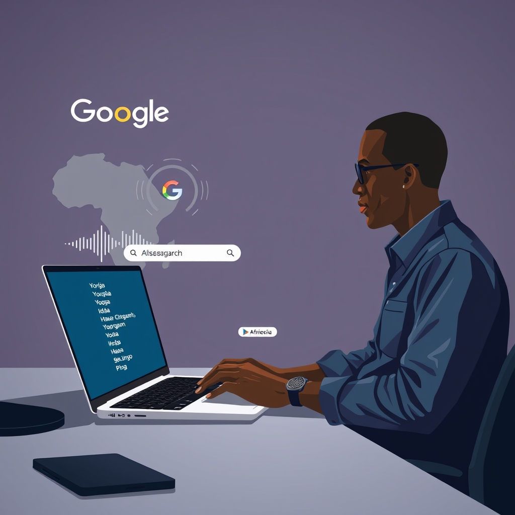 Create an original premium technology-news editorial illustration featuring a Nigerian software developer at a modern desk, laptop open to a multilingual AI interface displaying snippets of Yoruba, Igbo, Hausa and Pidgin text, while a stylized voice waveform emanates from the screen representing YarnGPT and 9jaLingo; in the background, a subtle Google logo hovers over a search bar labeled “AI Search – Yoruba”, and an African map silhouette highlights Nigeria with icons for AfricanGPT; the scene conveys the developer integrating voice and text AI tools into a mobile app, emphasizing practical usage; render in a clean, professional editorial style with balanced composition, dominant developer figure, secondary AI logos, minimal text, cinematic composition.
