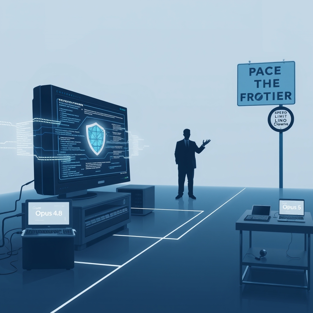 Create an original premium technology-news editorial illustration featuring a dominant digital workstation representing Anthropic’s Claude Opus 5.5 model, with a visual firewall overlay symbolizing enhanced cybersecurity safeguards; a subtle line of code streams from the workstation toward a smaller terminal labeled “Opus 4.8” to depict automated request routing for cybersecurity queries, while a separate pathway leads to a lab bench labeled “Opus 5” for biology‑related prompts; in the background, a muted silhouette of CEO Dario Amodei gestures toward a speed‑limit sign reading “Pace the Frontier,” indicating the deliberate slowdown strategy; the scene is rendered in a sleek, modern editorial style with muted blues and grays, focusing on concrete technology elements and avoiding generic AI icons; cinematic composition.