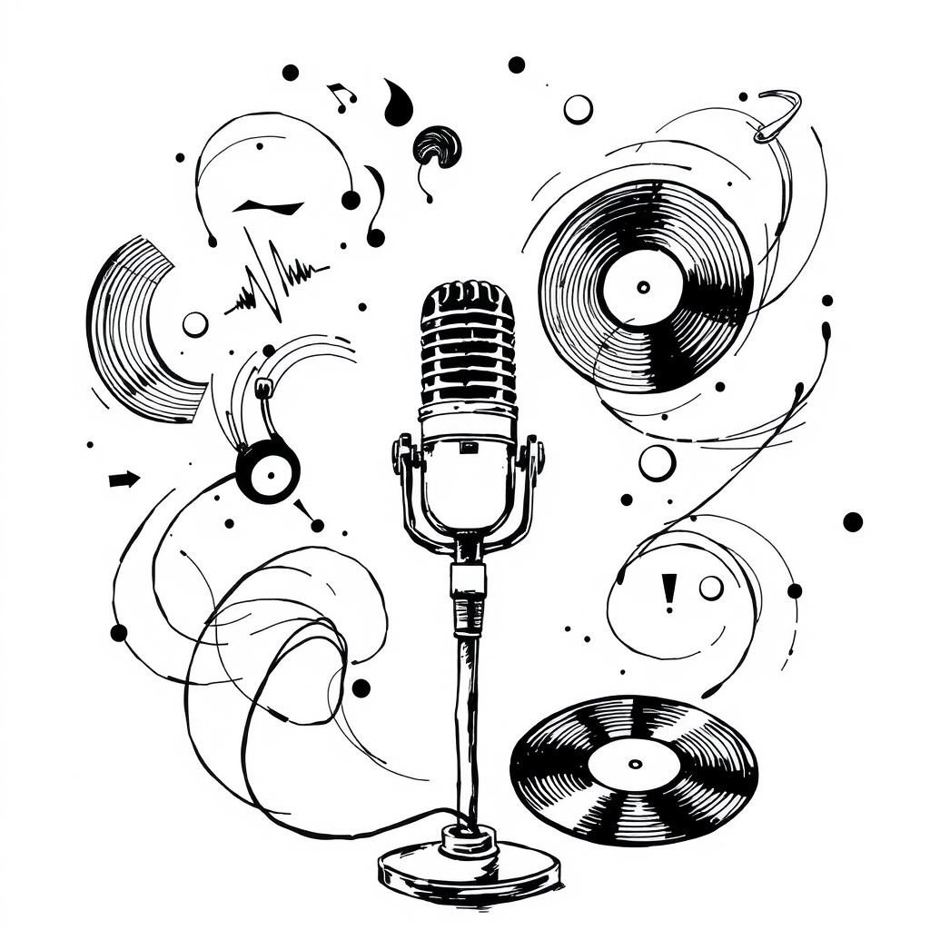 An editorial ink sketch of a lone microphone surrounded by swirling abstract symbols of sound waves, vinyl records, and a faint outline of a human brain, all rendered in high‑contrast black and white with dynamic, flowing lines that suggest intuition and creative energy. No text, no logos, cinematic composition.