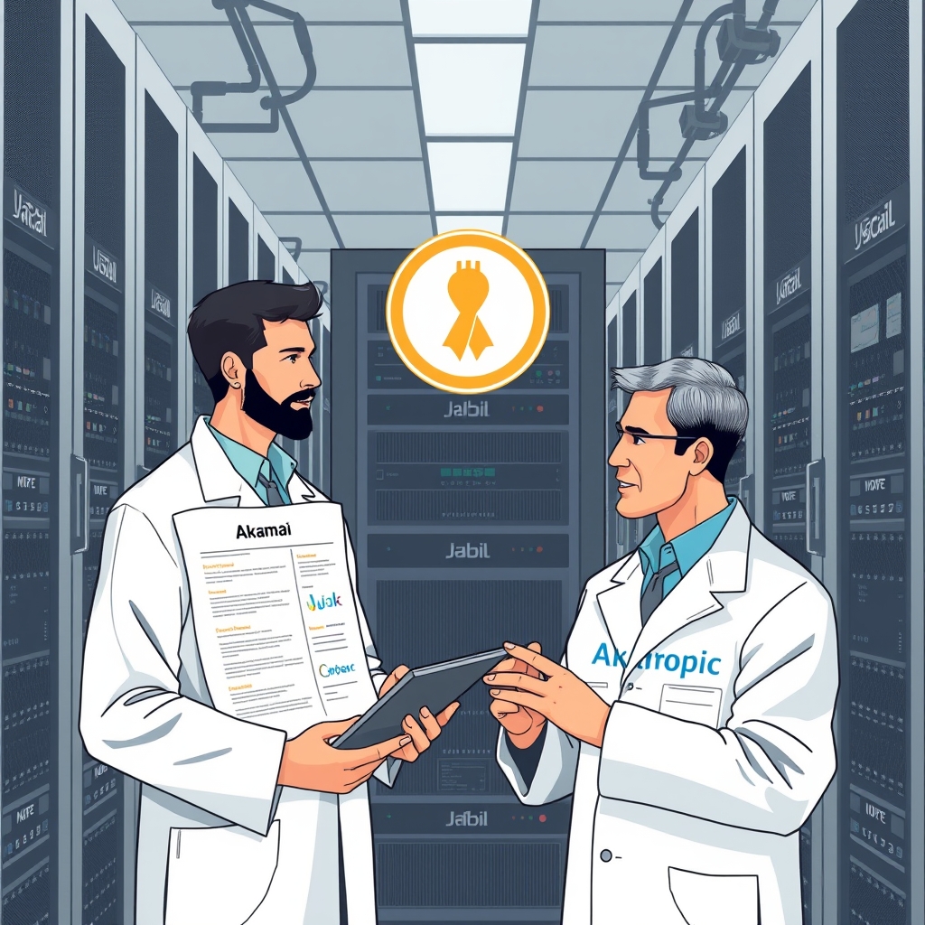 Create an original premium technology-news editorial illustration featuring a dominant Akamai data‑center hub with rows of servers, while an Anthropic engineer in a lab coat reviews performance dashboards on a tablet; the scene shows a contract document with a stylized warrant symbol floating between them, indicating equity potential; include subtle branding of Akamai on server racks and Anthropic on the tablet screen; the background hints at a high‑tech office with Jabil and Nscale logos as secondary elements; render in a clean, realistic editorial style with balanced composition and muted corporate colors; cinematic composition.