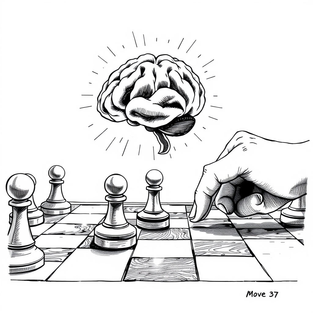 An editorial ink sketch of a stylized chess board with a glowing abstract AI brain hovering above move 37, contrasted with a human hand placing a stone, muted grayscale, dynamic lines, high contrast shading. No text, no logos, cinematic composition.
