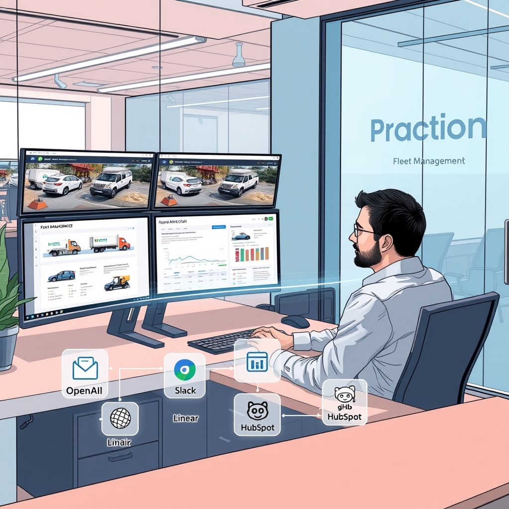 Create an original premium technology-news editorial illustration featuring Colin Knudsen, the COO of Proaction, seated at a modern desk with multiple screens displaying a live HTML fleet‑management demo populated with cars, trucks, and construction equipment labeled with a prospect’s branding; in the foreground, a holographic representation of OpenAI’s Codex model hovers, connecting the screens to a stylized workflow diagram that includes icons for Gmail, Slack, Linear, GitHub, and HubSpot; the setting is a sleek North‑American startup office with subtle branding for Proaction on a glass wall; the visual style is clean, data‑focused, and realistic, emphasizing the concrete interaction between a human user and AI‑assisted tools; cinematic composition.