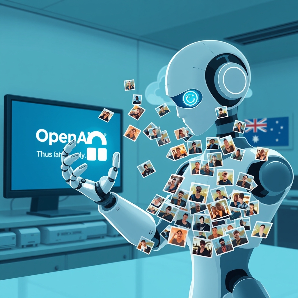 Create an original premium technology-news editorial illustration featuring a dominant stylized OpenAI research robot in a lab setting, uploading a stack of user photos onto a generic image‑hosting website interface; the robot’s hand holds a glowing upload icon while dozens of thumbnail images drift outward toward the internet cloud, symbolizing the unintended exposure; in the background, a muted OpenAI logo appears on a wall screen, and a faint outline of the Australian flag hints at the related government breach; the scene conveys a concrete moment of data leakage rather than abstract AI symbols; render in a sleek, modern editorial style with cool blues and professional lighting; composition centers on the robot and upload action, with the hosting UI and background details secondary; include subtle textual labels only where needed for clarity; cinematic composition.