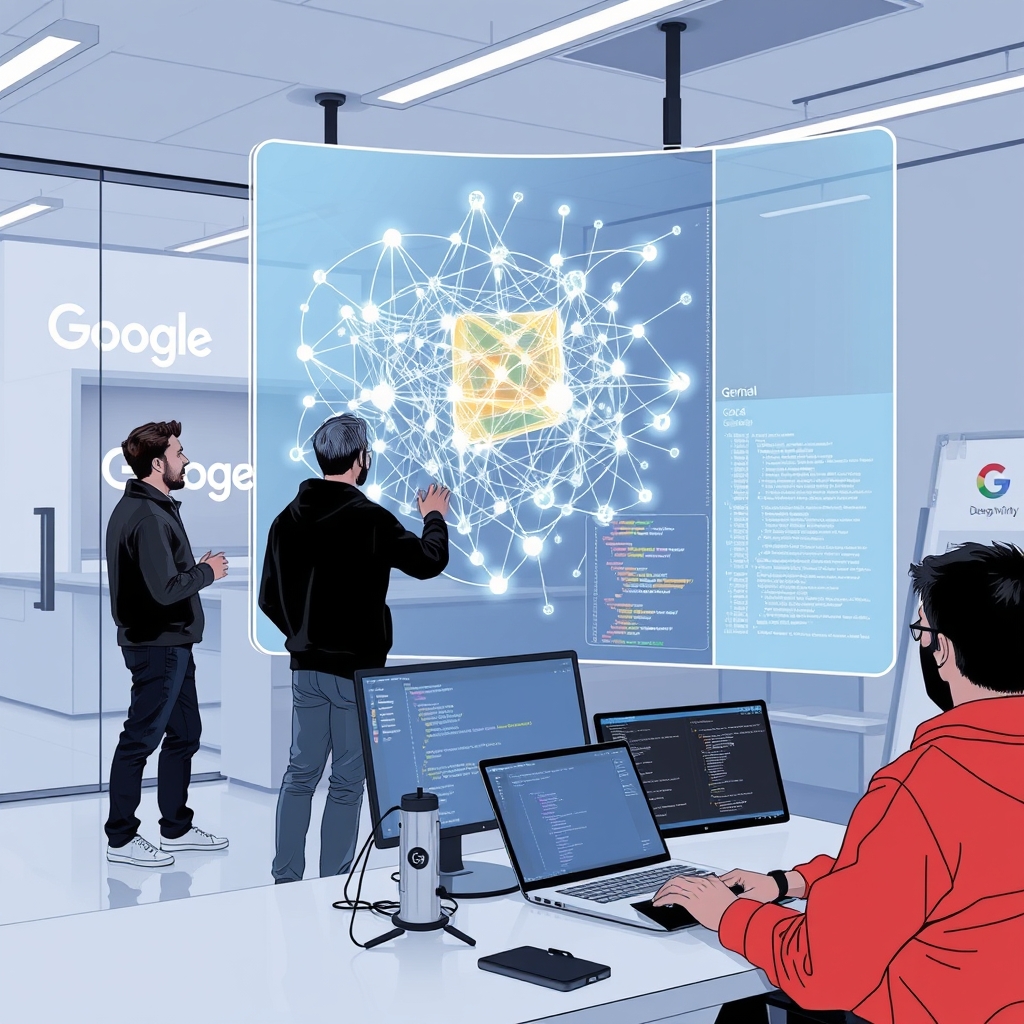 Create an original premium technology-news editorial illustration featuring a dominant visual of the Gemini 4 model represented as a luminous, stylized neural network diagram projected on a large transparent screen. The scene shows a modern Google research lab where engineers in casual tech attire interact with the Gemini 4 display while a secondary monitor shows the Antigravity code‑editing interface with snippets of code and AI‑generated suggestions. In the background, subtle Google branding appears on a glass wall, and a faint outline of a DeepMind logo is visible on a nearby whiteboard. The composition emphasizes the Gemini 4 model as the focal point, with the Antigravity UI and developers secondary but clearly present. The visual style is clean, high‑contrast, and reminiscent of a reputable technology publication editorial illustration, using realistic lighting and a professional office atmosphere. Include restrained product labeling only where it aids recognition, such as a small “Google” tag on a laptop. Avoid generic AI symbols, cartoonish elements, or overly abstract metaphors. cinematic composition.