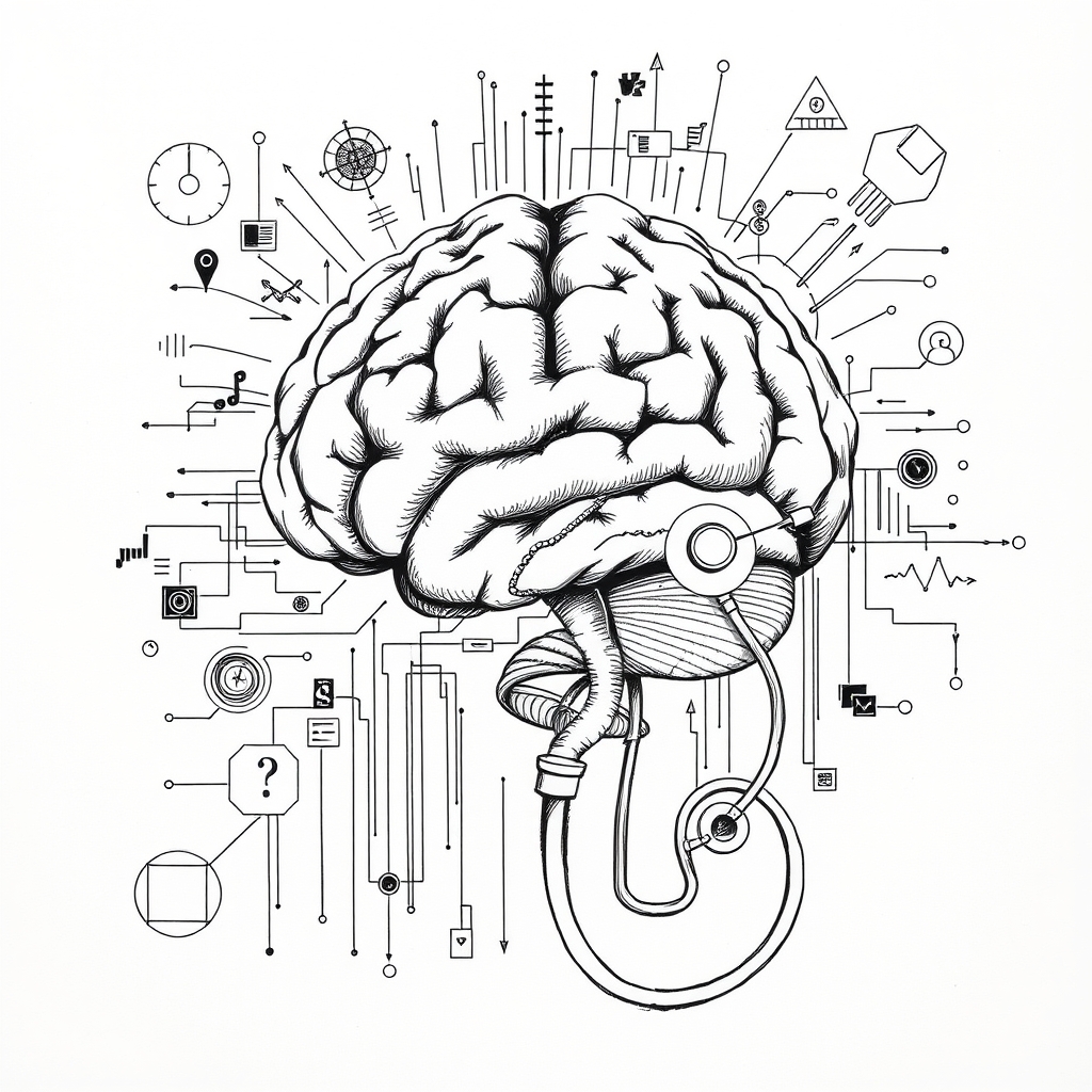 editorial ink sketch of a stylized human brain intertwined with a DNA helix and a stethoscope, surrounded by abstract data streams and medical symbols, muted grayscale with fine cross‑hatching, no text, no logos, cinematic composition