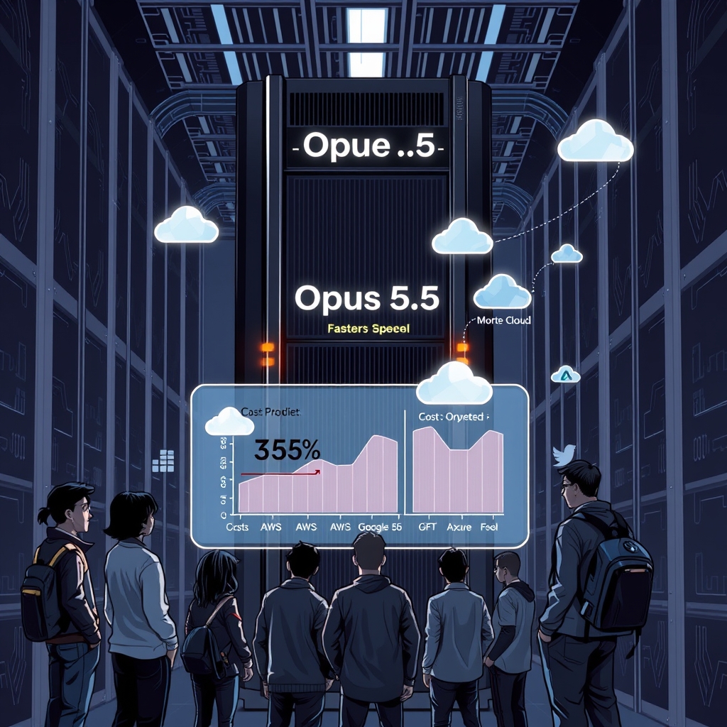 Create an original premium technology-news editorial illustration featuring a dominant, sleek AI server rack labeled “Claude Opus 5.5” on the front, with glowing indicator lights showing faster processing speed. In the foreground, a diverse group of developers in casual tech attire examine a large holographic chart comparing cost and speed metrics of Opus 5.5 versus Opus 5 and GPT‑6 Astra. Behind them, cloud icons for AWS, Google Cloud, and Azure float, emphasizing multi‑cloud availability. The scene conveys a modern data‑center environment with subtle circuitry patterns on the walls. Use a clean, high‑contrast editorial style with muted corporate colors, keeping branding to the server label only. cinematic composition.