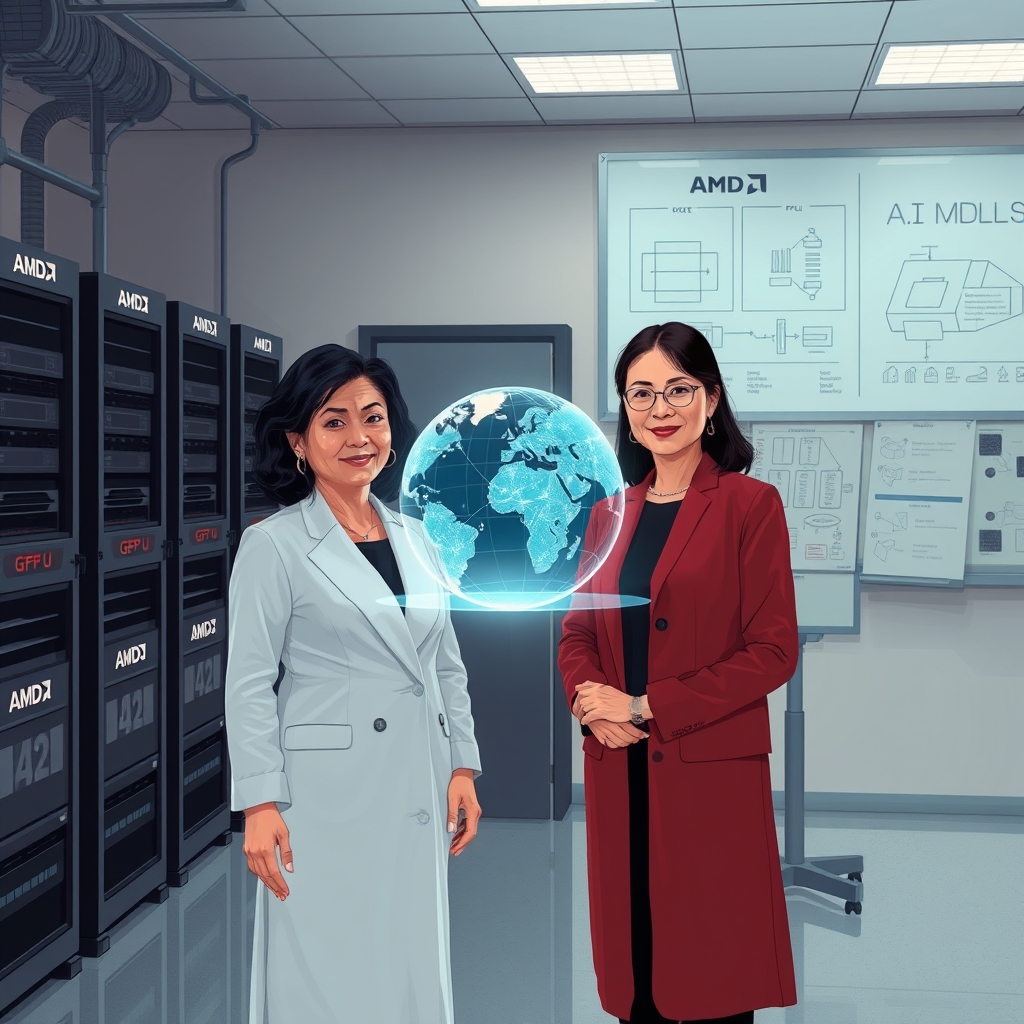 Create an original premium technology-news editorial illustration featuring AMD’s CEO Lisa Su and Dr. Fei‑Fei Li standing side by side in a modern semiconductor lab, with a large holographic display of a 3D world generated by Marble hovering between them; the lab background shows AMD GPU racks and a whiteboard with AI model diagrams, emphasizing collaboration; the scene conveys the integration of AI research and hardware development, using a sleek, realistic editorial style with muted corporate colors; cinematic composition.