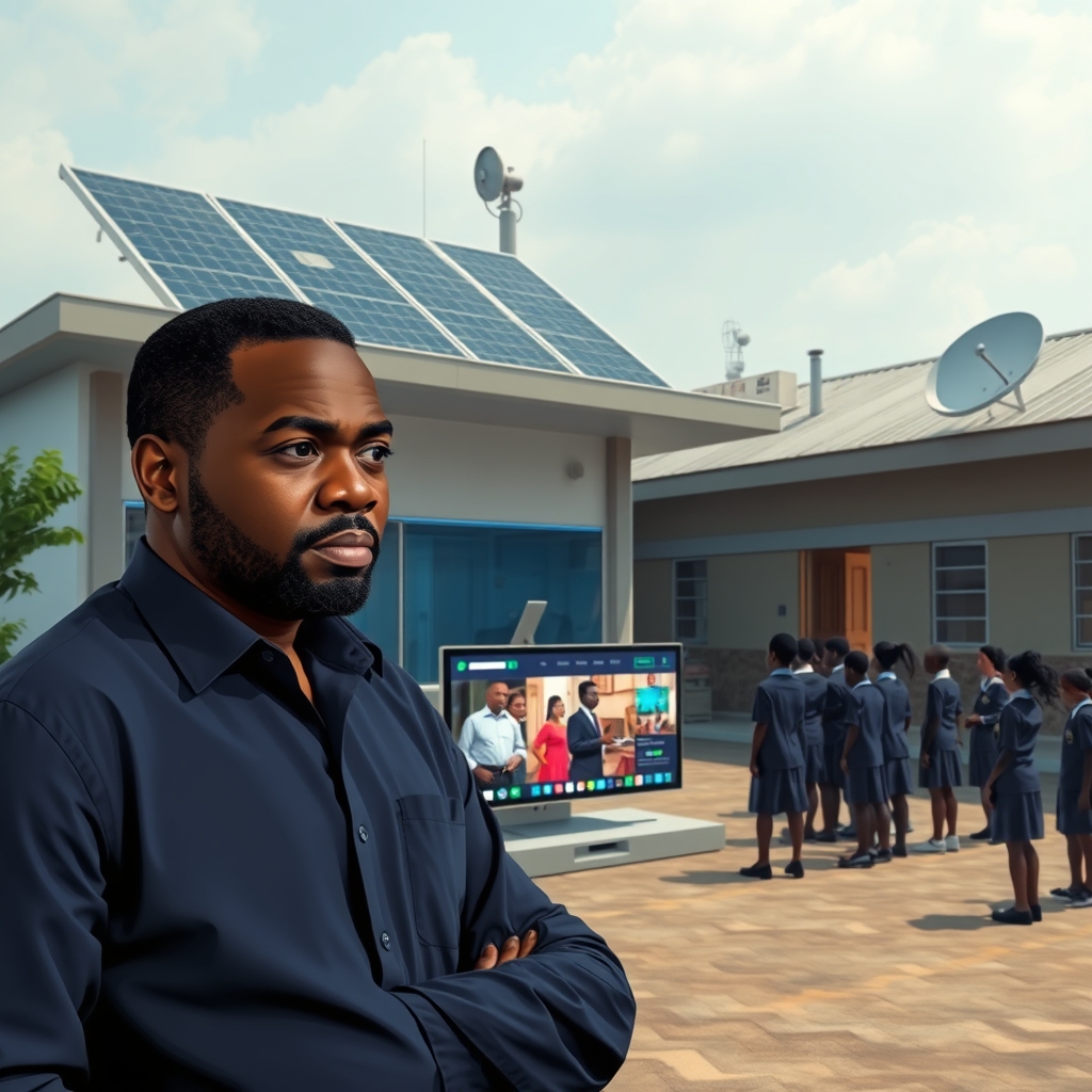 Create an original premium technology-news editorial illustration featuring Leo Stan Ekeh, visibly dominant, standing beside a sleek AI‑enabled learning centre in a Lagos secondary school courtyard; the centre displays Zinox all‑in‑one desktops, an interactive AI screen, and iPower solar panels on the roof, while a Starlink dish is mounted nearby; students in uniforms gather around the screen, engaged with digital content; in the background, a modest school building hints at the local context; the scene conveys the convergence of renewable energy, satellite internet and AI education; use a clean, professional editorial style with realistic lighting and subtle colour grading; foreground focuses on Ekeh and the tech hub, secondary elements recede; limit text to necessary labels, no prominent branding beyond what is essential for recognition; cinematic composition.
