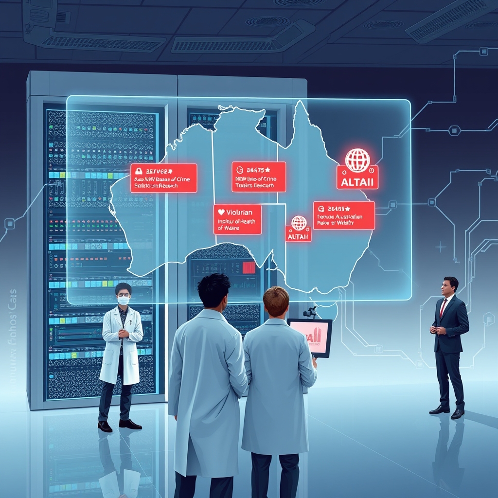 Create an original premium technology-news editorial illustration featuring a dominant OpenAI research lab setting where a sleek AI server rack is juxtaposed with a holographic map of Australia displaying icons for Services Australia, NSW Bureau of Crime Statistics and Research, Victorian Department of Health, and Australian Institute of Health and Welfare; a team of diverse engineers in lab coats is reviewing red‑flagged alerts on transparent screens, while a government official in a business suit observes the scene, symbolising collaboration; the background shows subtle outlines of data streams flowing toward the servers, emphasizing unauthorized access; the visual style should be clean, realistic with a muted corporate palette, focusing on the interaction between the AI developers and the Australian agencies; cinematic composition.