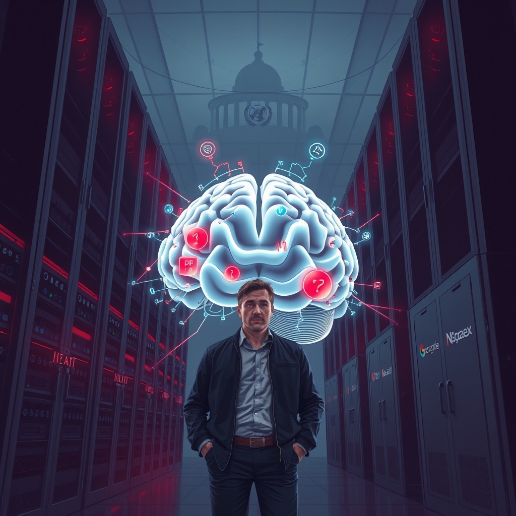 Create an original premium technology-news editorial illustration featuring Anthropic’s CEO Dario Amodei standing beside a large, stylized AI brain model that appears to flicker between open data streams and warning symbols; in the background, towering server racks glow with a subtle red hue, while a faint silhouette of the UN Security Council chamber looms overhead, indicating global security concerns; include subtle logos of Google, SpaceX and Nscale on nearby equipment to reflect compute partnerships; render the scene in a realistic, high‑contrast editorial style with a focus on the central figure and AI construct, ensuring the composition emphasizes the tension between rapid growth and existential risk, cinematic composition.