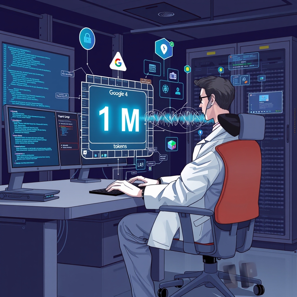 Create an original premium technology-news editorial illustration featuring a dominant Google AI researcher seated at a sleek workstation, interacting with a holographic display of a massive token stream labeled “1 M tokens” while code snippets, legal contracts, and cybersecurity alerts orbit the scene; the researcher’s screen shows the Gemini 4 Argon logo subtly, and a secondary figure representing a cyber defender in a protective vest observes the interface; the background hints at a data‑center rack and a quantum chip, conveying internal Google use cases; visual style is clean, realistic, and magazine‑ready with muted corporate colors; composition centers on the researcher and hologram, with peripheral elements supporting context; include minimal product labeling only for Gemini 4 Argon where it aids recognition; cinematic composition.