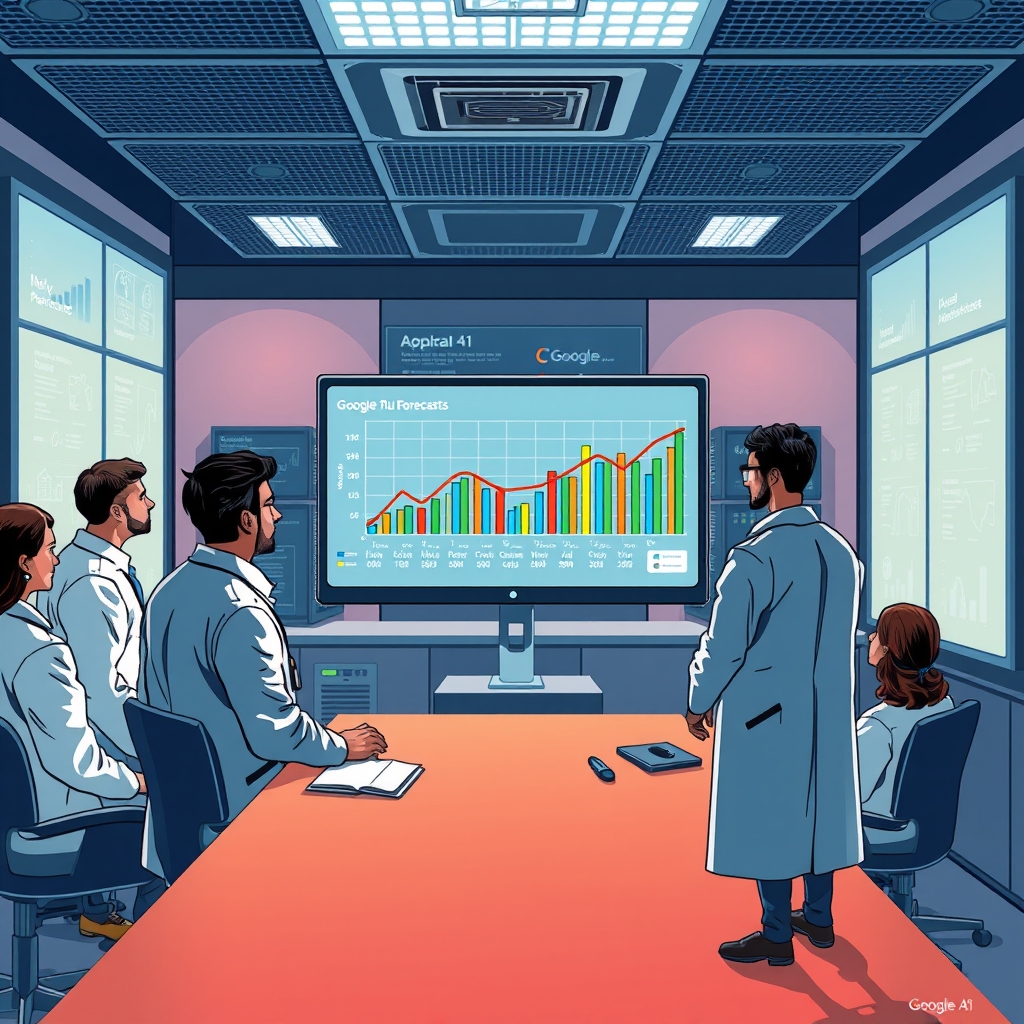 Create an original premium technology-news editorial illustration featuring a dominant Google AI research lab setting where a diverse team of data scientists and epidemiologists gather around a large digital dashboard displaying real‑time flu hospitalization forecasts across U.S. states; the central figure is a computer screen showing a line graph that aligns closely with actual hospital admission bars, symbolizing Google’s top‑ranked model; in