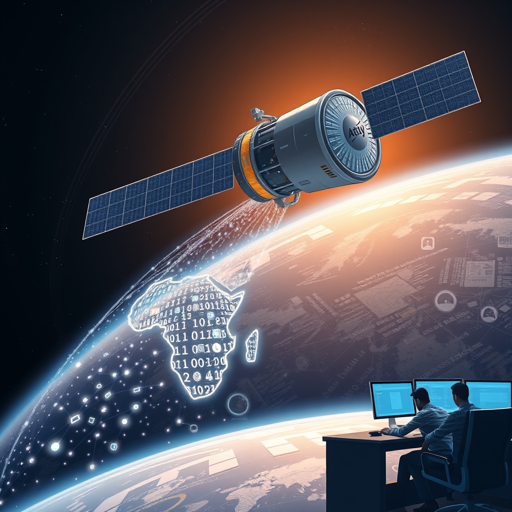 Create an original premium technology-news editorial illustration featuring a sleek, modern satellite orbiting Earth with a glowing network of digital nodes extending from its onboard computer to a stylized map of Africa; the satellite is the dominant element, showing a holographic interface of code and AI symbols flowing outward, while a small group of engineers in a Nairobi control room monitor the connection on screens; the scene conveys the concept of virtual data centres in space supporting African digital infrastructure; use a clean, high‑tech editorial style with realistic lighting and subtle branding of Satlyt on the satellite hull; cinematic composition.