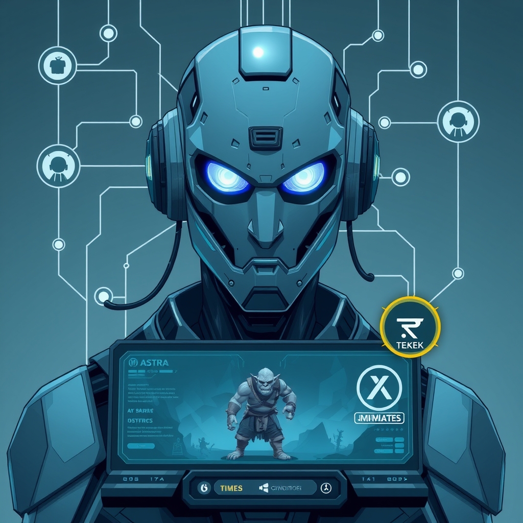 Create an original premium technology-news editorial illustration featuring a futuristic AI avatar representing GPT-6 Astra as the dominant figure, overseeing an Orc character from World of Warcraft on a stylized game interface; visual lines of data and network protocol symbols connect the avatar to the WoW server screen, highlighting the agent-wow bridge; include subtle UI elements indicating a 40‑minute quest timer and a zero‑death badge; use a sleek, high‑contrast editorial style with muted blues and grays, keeping the AI avatar central and the game scene secondary; avoid generic robot heads or vague AI icons; cinematic composition.
