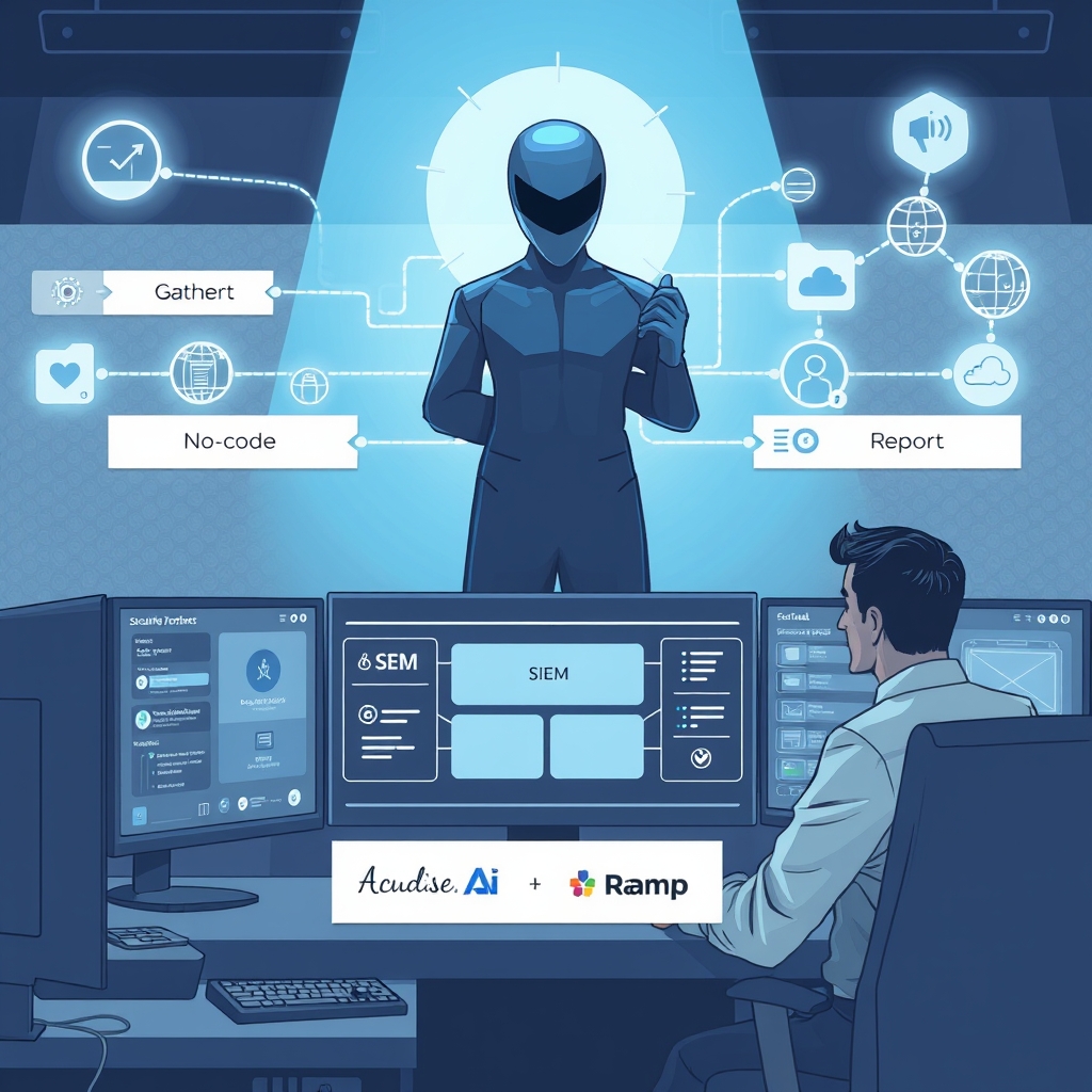 Create an original premium technology-news editorial illustration featuring a dominant figure representing Cotool’s AI agent—a sleek, semi‑transparent digital assistant hovering over a security analyst’s workstation. The scene shows the analyst, depicted as a focused professional in a modern SOC environment, using a no‑code visual builder on a large screen to drag and drop workflow blocks labeled “Context Gather”, “Decision Logic”, and “Report”. Behind them, stylized icons of common security tools (SIEM, endpoint manager, cloud console) are connected by glowing data streams converging into the AI assistant, illustrating cross‑tool context collection. A secondary element shows a small banner with the logos of Ramp and EliseAI to indicate early customers, placed unobtrusively. The illustration adopts a clean, high‑contrast editorial style with muted blues and grays, emphasizing professionalism over hype. Cinematic composition.