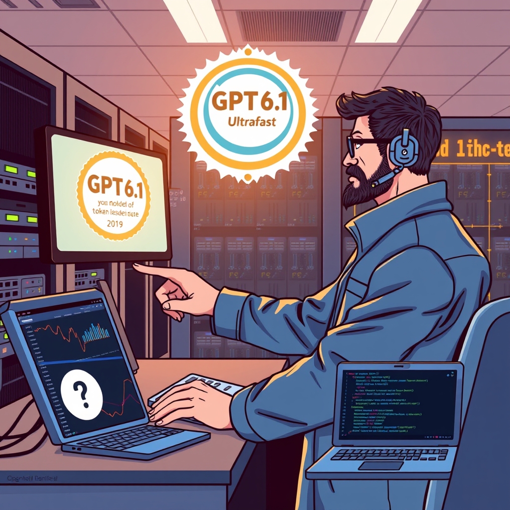 Create an original premium technology-news editorial illustration featuring a dominant OpenAI engineer at a modern data center console, pointing to a glowing screen displaying the GPT‑6.1 Sol model label and a separate “Ultrafast” badge hovering above it; the background shows racks of servers and a timeline chart with a question mark over the upcoming release date, while a smaller inset shows a developer laptop with code snippets waiting for faster token generation; the visual style is sleek, realistic,
