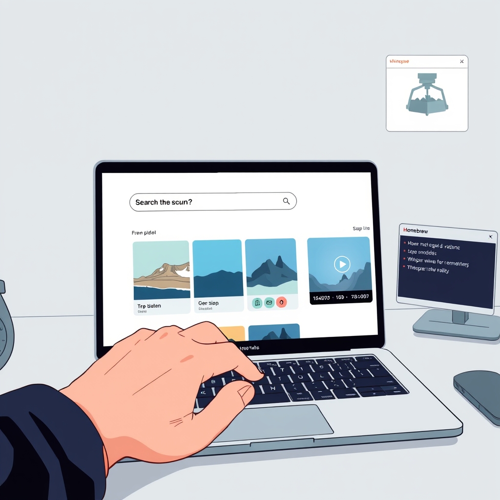 Create an original premium technology-news editorial illustration featuring a MacBook Pro on a desk with its screen displaying a sleek SCM interface; the interface shows a search bar with a natural‑language query, thumbnail tiles of photos and video frames, and a highlighted video scene with a timecode badge; a hand reaches toward the keyboard, emphasizing local, private interaction; in the background, faint visual cues of a vision model diagram and a Whisper waveform hint at the underlying AI technologies; the Homebrew logo appears subtly on a nearby terminal window to denote the installation method; the overall style is clean, high‑contrast, and suitable for a professional tech publication; cinematic composition.