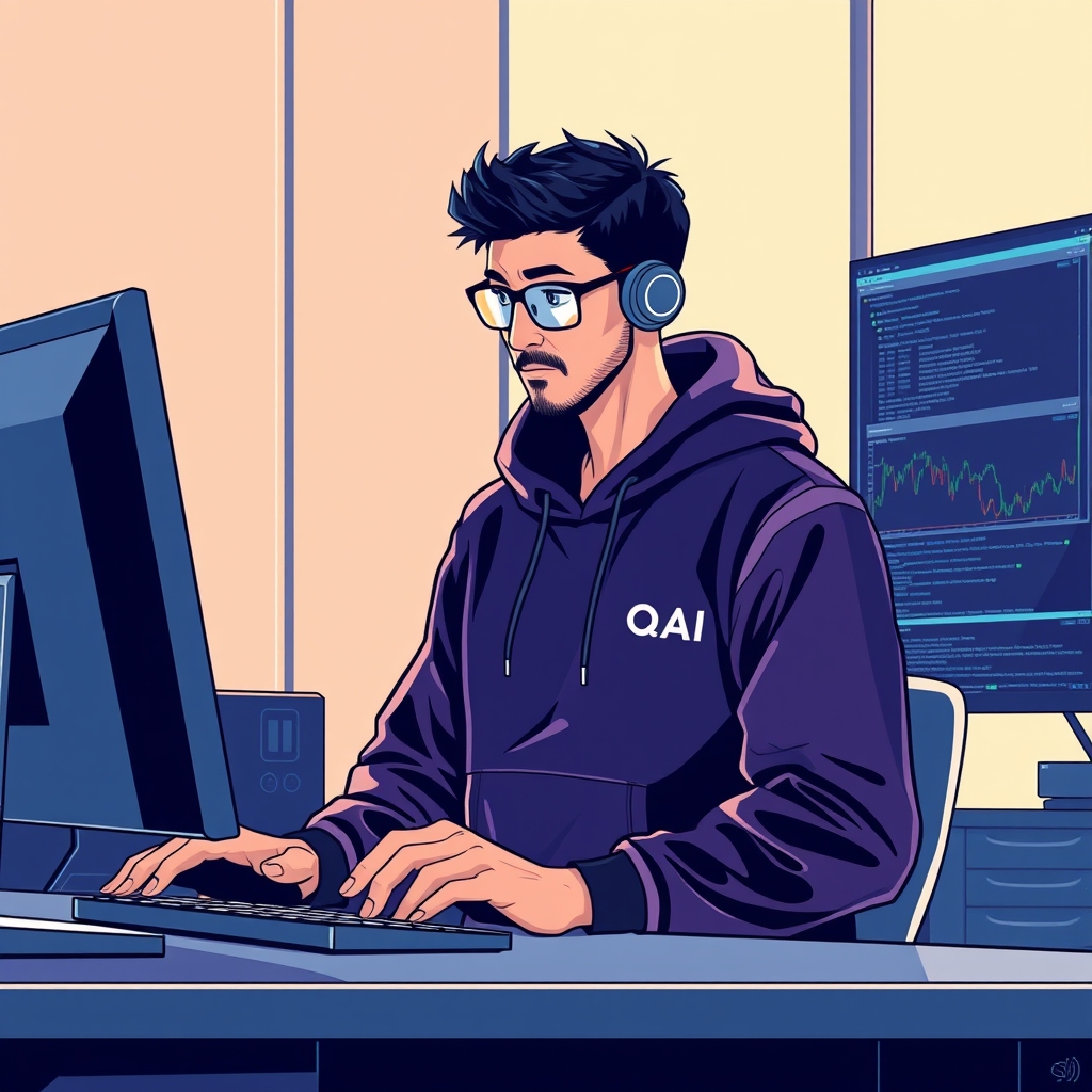 Create an original premium technology-news editorial illustration featuring OpenAI as the dominant visual element, represented by a sleek, modern office setting where a data scientist in a branded OpenAI hoodie is reviewing a computer screen displaying a line