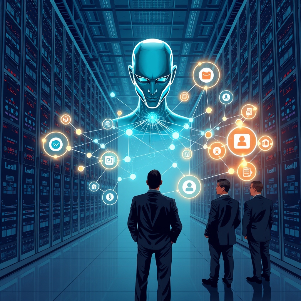 Create an original premium technology-news editorial illustration featuring a corporate data center as the backdrop, with a dominant AI agent represented as a sleek, humanoid figure interfacing with glowing knowledge‑graph nodes that bridge multiple fragmented data silos; a group of executives in business attire observe the connection, symbolizing strategic oversight; supporting elements include visible ingestion pipelines and AI‑ready API icons flowing into the knowledge layer, all rendered in a clean, modern editorial style with subtle corporate branding for Neo4j, emphasizing the concrete act of linking data to AI agents; cinematic composition.