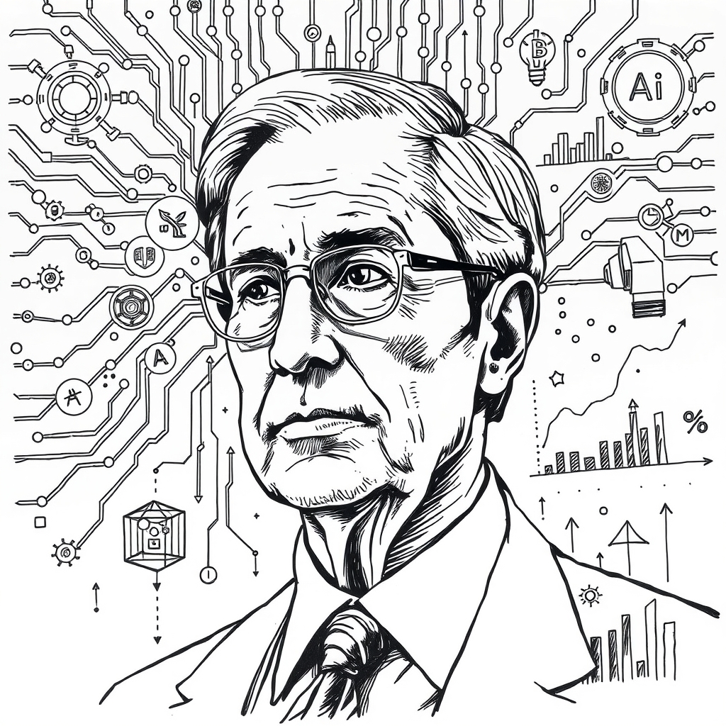 editorial ink sketch of a Nobel economist surrounded by abstract AI circuitry, economic graphs, and symbols of healthcare, education, and industry, rendered in stark black lines with dynamic shading, no text, no logos, cinematic composition.
