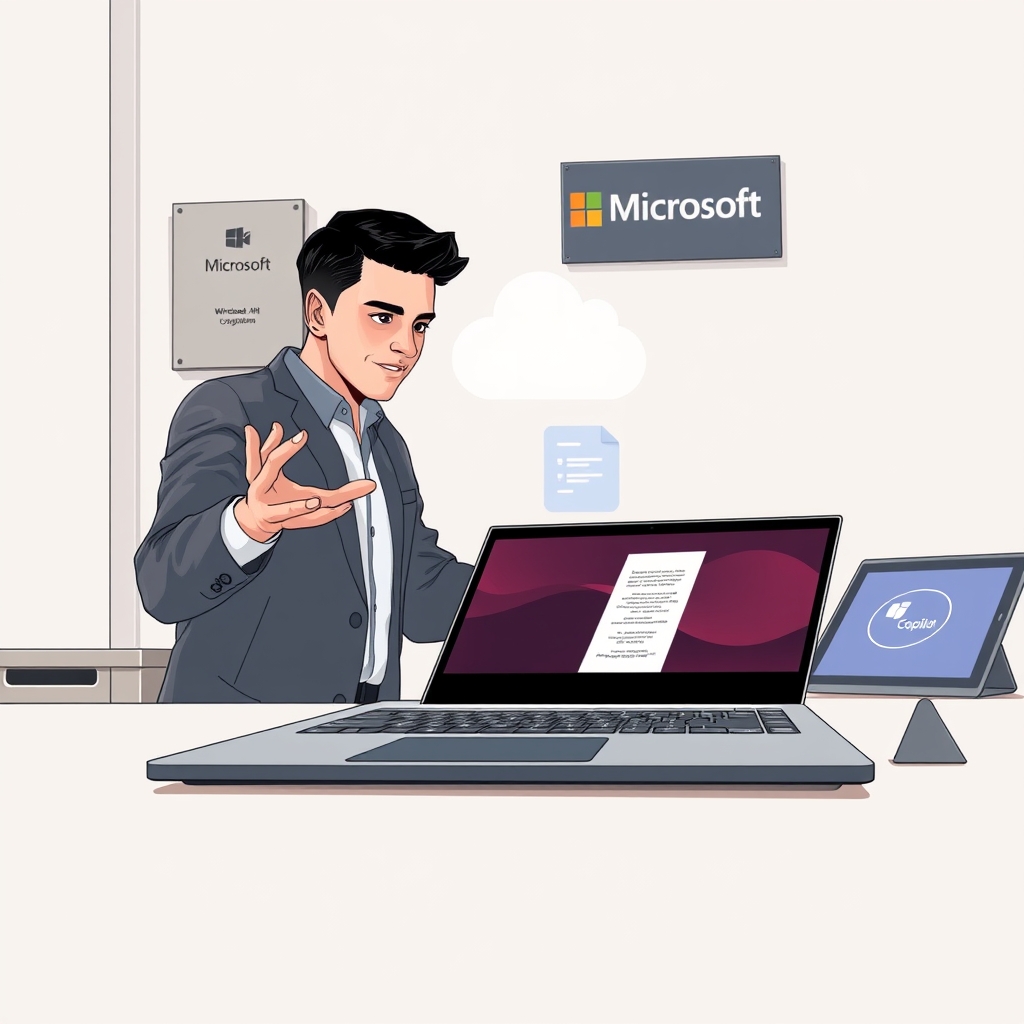 Create an original premium technology-news editorial illustration featuring a sleek Surface Laptop Ultra on a modern desk, its screen displaying a stylized AI agent icon next to a Windows taskbar showing AI‑enhanced search suggestions. In the foreground, a professional in casual business attire interacts with the laptop, gesturing as a translucent holographic assistant processes a document on the device while a faint cloud symbol hovers above, indicating hybrid computing. The background includes subtle Microsoft branding on a wall plaque, and a secondary tablet displaying the refreshed Copilot face‑like icon. Use a clean, realistic editorial style with balanced lighting, focusing on the laptop and the human‑AI interaction as the dominant visual narrative, while keeping logos minimal and only where contextually relevant. cinematic composition.